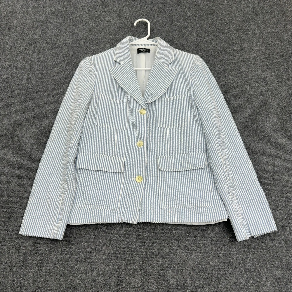 Jennifer & Grace Blazer Womens 8 Blue Cotton Seersucker Striped Preppy Coastal